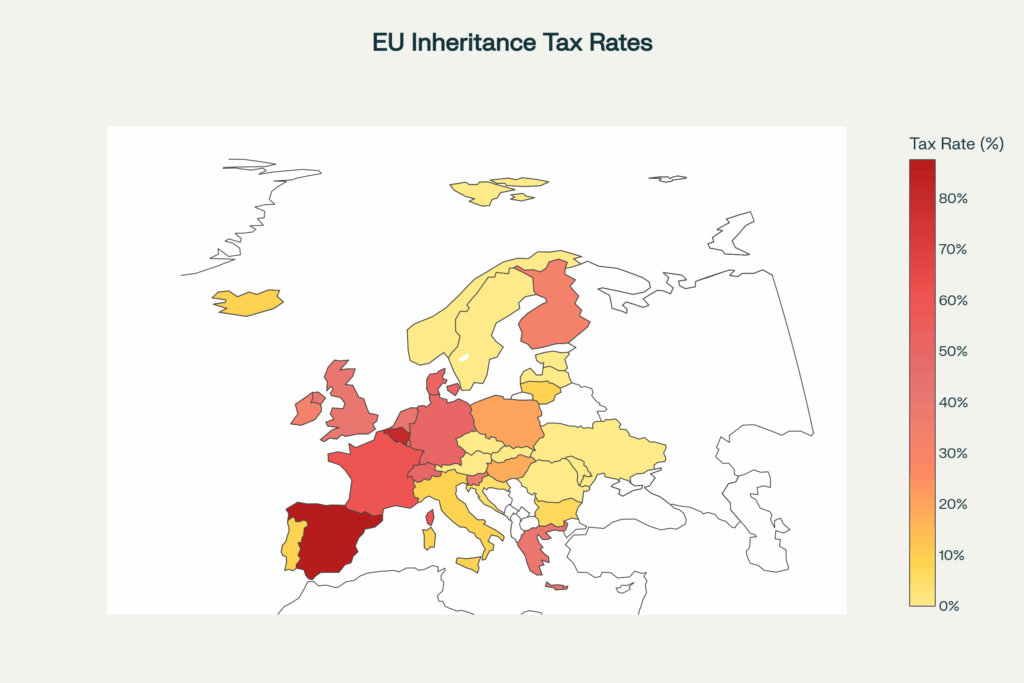 מפת חום של שיעורי מס ירושה או עזבון מקסימליים באירופה