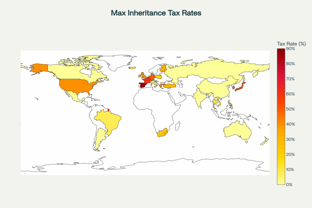 מפת חום של שיעורי מס ירושה או עזבון מקסימליים עולמית